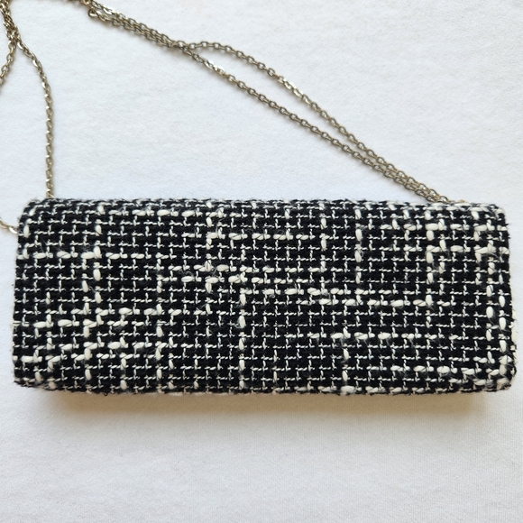 Cache Tweed Shoulder Bag Clutch Black White Silver Chain Sparkle Chic Elegant - Picture 7 of 16